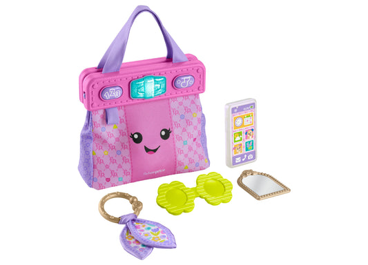 Fisher-Price Laugh & Learn On-the-Go Learning Purse in pink with purple handles, smiling face, interactive buttons, d...