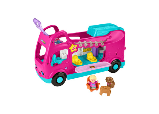 Pink and turquoise Barbie Little Dreamcamper RV playset with opening doors, yellow shoes, purple microphone, musical note button, and included small doll and do