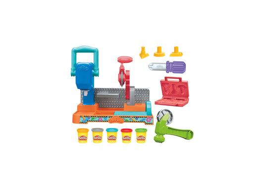 Play-Doh Stamp N Saw Tool Bench Creativity Set with blue saw, red stamper, five colorful Play-Doh cans, and accessories