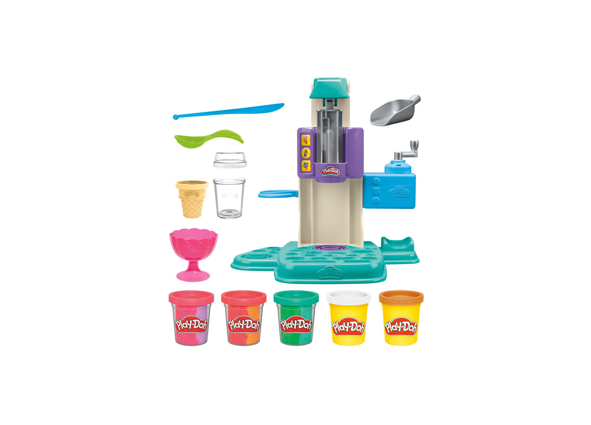 Play-Doh Rainbow Swirl Ice Cream Playset with tower machine, five colorful Play-Doh cans, scoops, molds, and accessor...