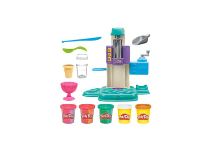 Play-Doh Rainbow Swirl Ice Cream Playset with tower machine, five colorful Play-Doh cans, scoops, molds, and accessor...