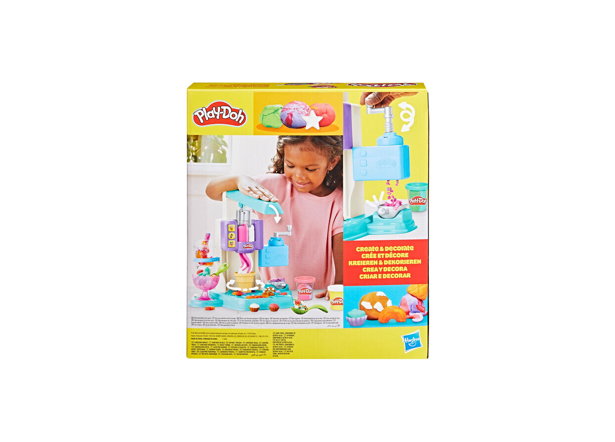 Play-Doh Rainbow Swirl Ice Cream Playset with blue machine, colorful Play-Doh cans, and molds