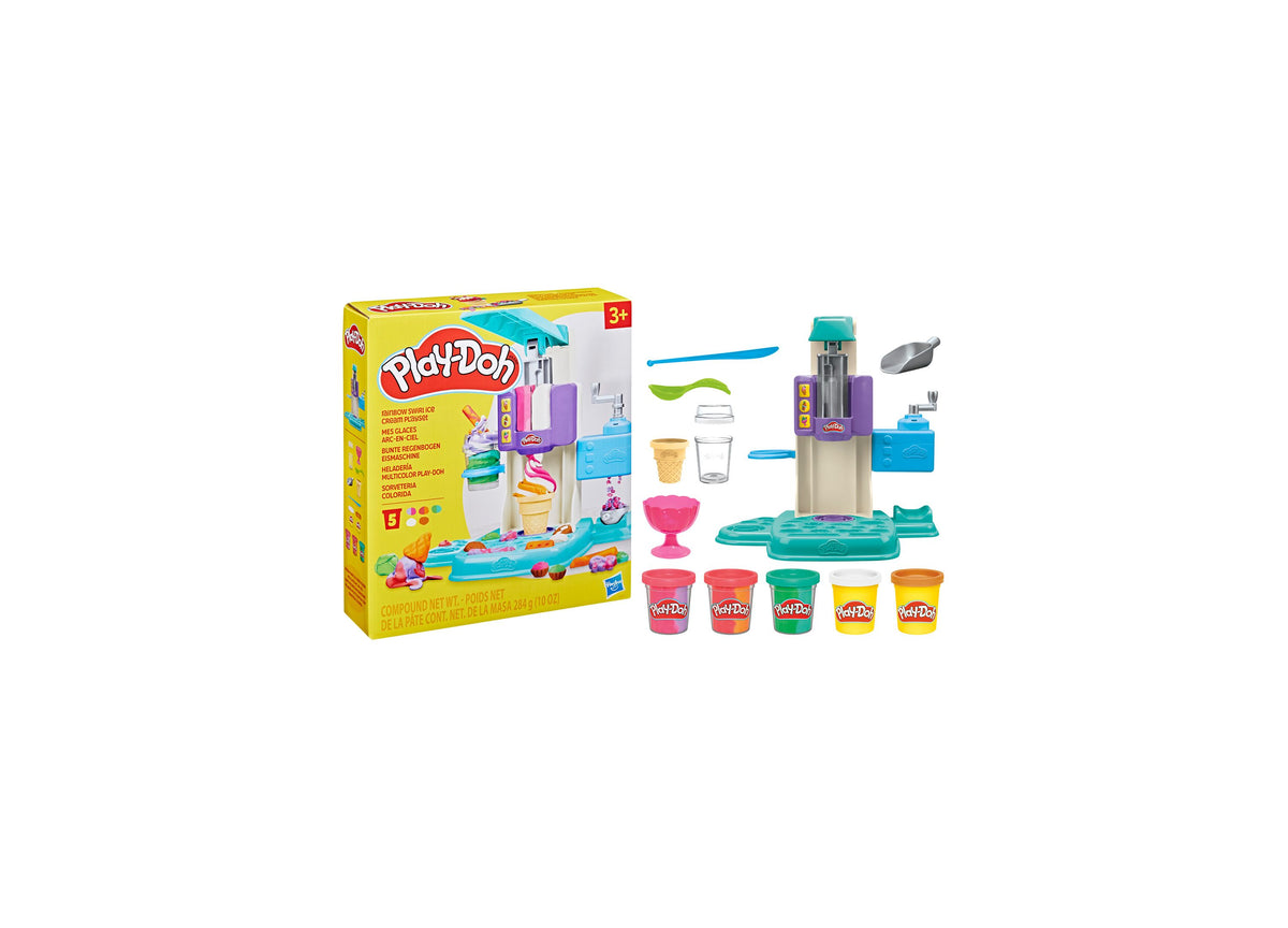Play-Doh Rainbow Swirl Ice Cream Playset with machine, tools, molds, and five colorful Play-Doh cans