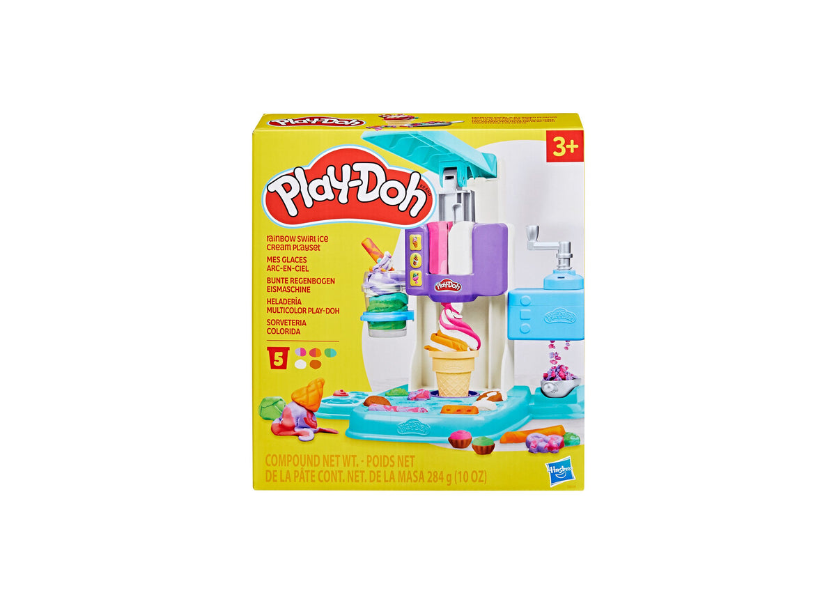 Play-Doh Rainbow Swirl Ice Cream Playset with blue ice cream machine, purple storage, colorful cans, and accessories ...