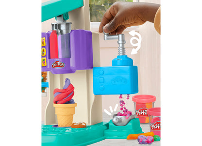 Play-Doh Rainbow Swirl Ice Cream Playset with turquoise machine, purple hopper, blue scoop, and colorful Play-Doh