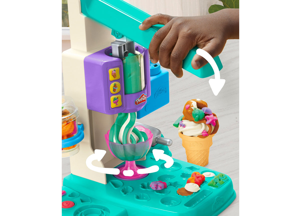 Play-Doh Rainbow Swirl Ice Cream Playset with purple machine, turquoise base, colorful Play-Doh, and ice cream cone mold