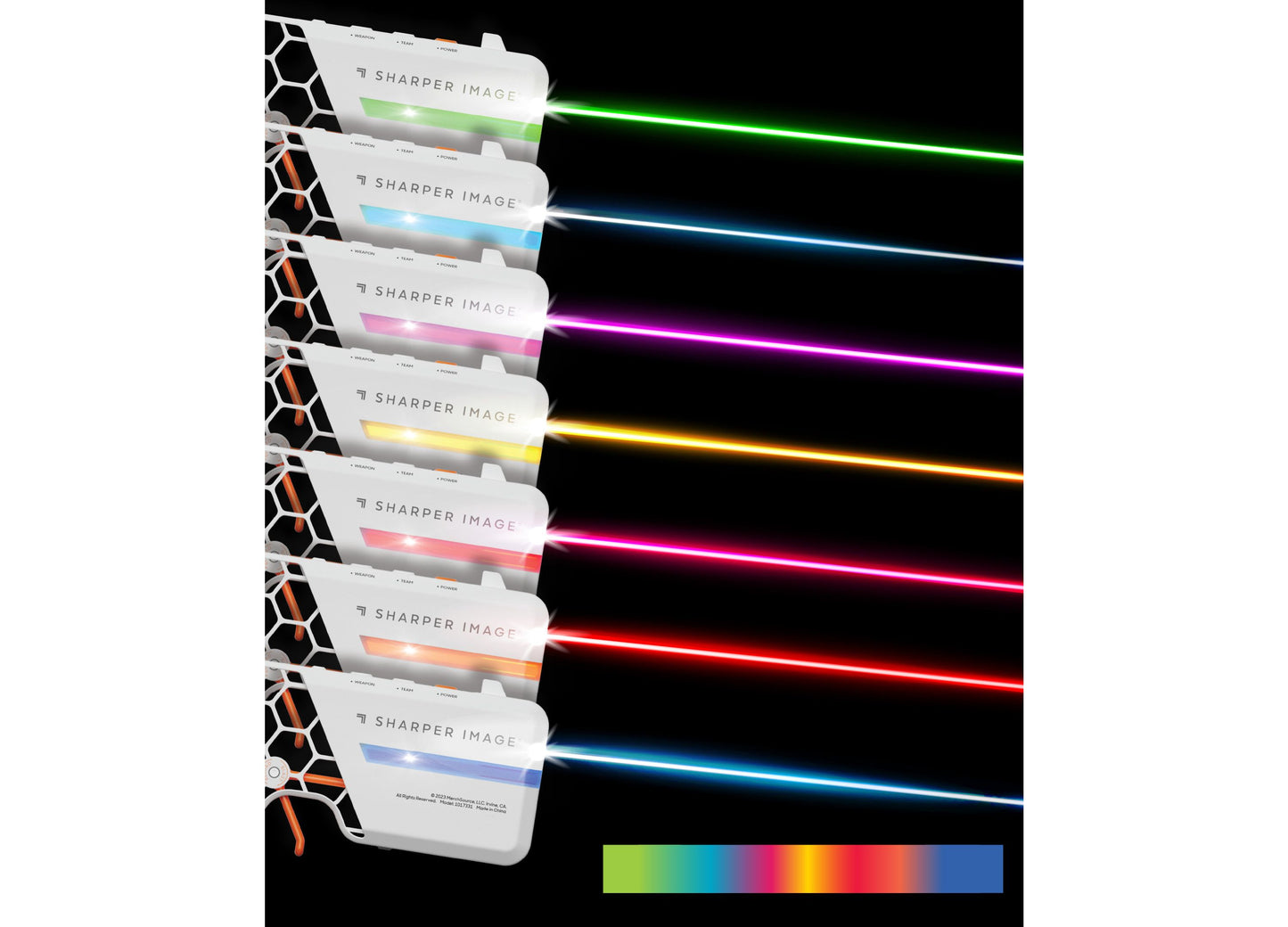 Rechargeable Laser Tag Blasters 4-Pack in green, blue, pink, yellow, red, orange colors with docking station