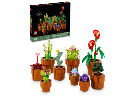 LEGO Icons Tiny Plants 758 Piece Set with 9 colorful potted plants including red flowers, cacti, and succulents in te...