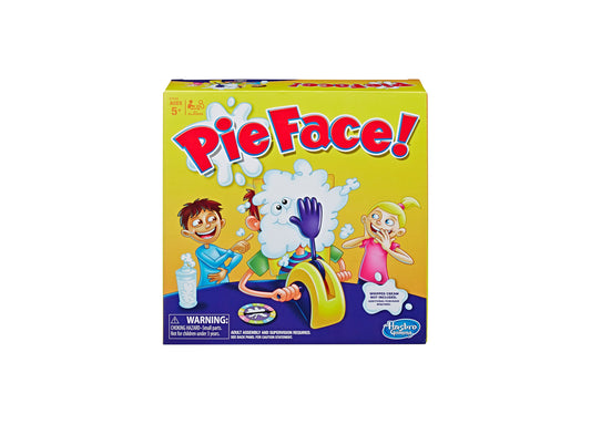 Hasbro Gaming Pie Face Showdown Game box with yellow packaging, showing two children and a pie-throwing character