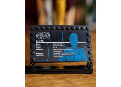 LEGO Star Wars C-3PO Buildable Droid Figure 75398 display stand with blue schematic design