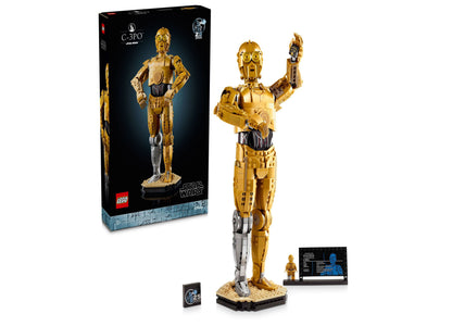 LEGO Star Wars C-3PO 75398 buildable droid figure with gold metallic finish and display stand