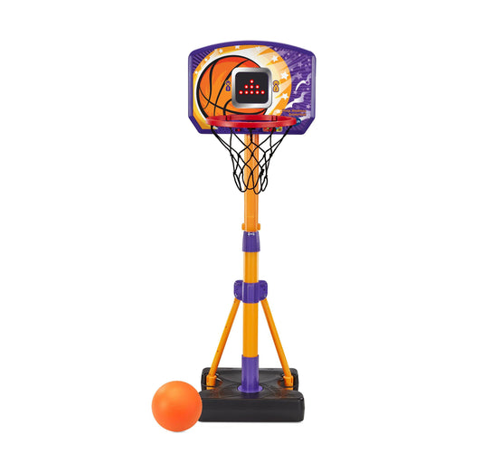 VTech Hoop Madness Basketball Adjustable Playset with purple and orange pole, electronic scoreboard, net, a...