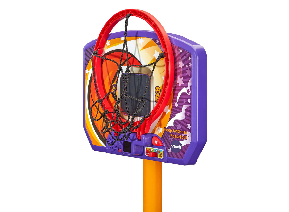VTech Hoop Madness Basketball playset with red hoop, orange ball, and purple base on yellow pole