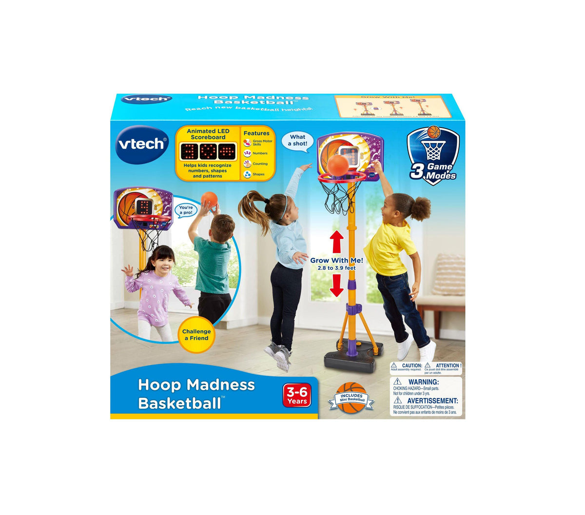 VTech Hoop Madness Basketball adjustable hoop set with electronic scoreboard, orange hoop, and purple stand, shown wi...