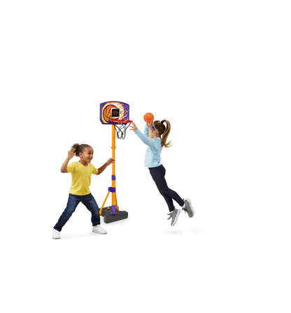 VTech Hoop Madness Basketball Adjustable Playset with two children playing, orange ball, and purple and yel...