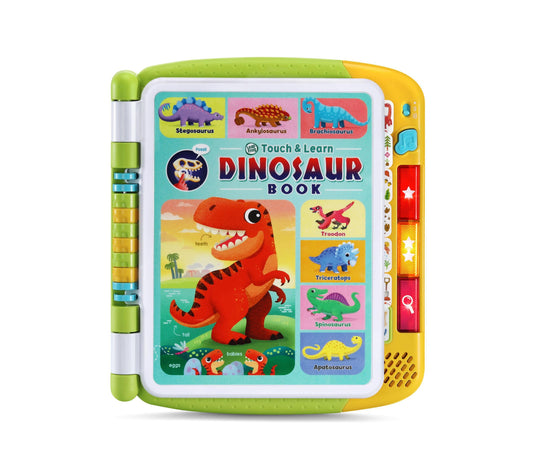 LeapFrog Touch & Learn Dinosaur Book with green and yellow casing, featuring a red T-Rex on the cover and interactive touch buttons on the side