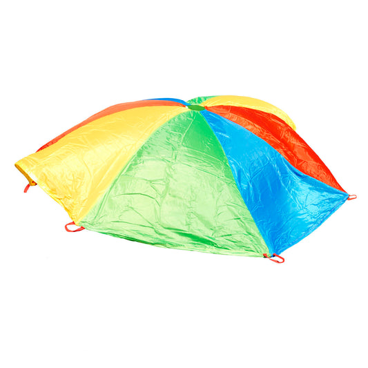 Rainbow parachute with yellow, red, orange, green, and blue sections and red corner handles on plain background