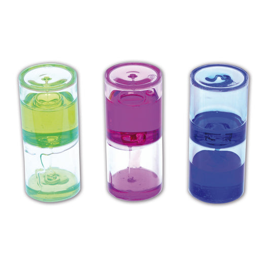 Three cylindrical sensory ooze tubes with colored liquid and swirling motion effects: green, purple, and blue
