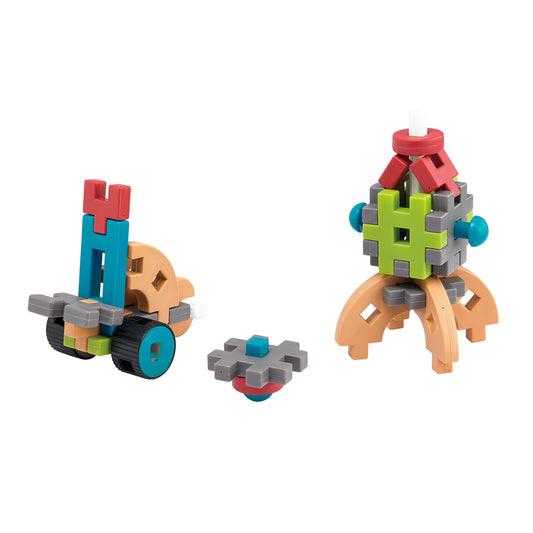 Three colorful interlocking building block structures with red, teal, lime green, gray, orange, and blue pieces on white background