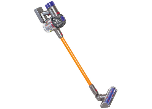 Dyson Cordless Vacuum Replica toy with blue top, orange pole, and gray base featuring simulated cyclone action chamber