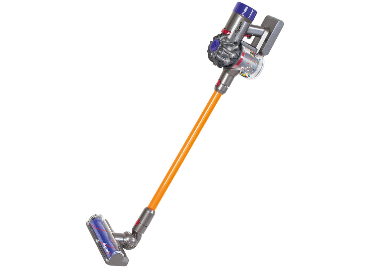 Dyson Cordless Vacuum Replica toy with orange pole, purple motor head, and dust bin
