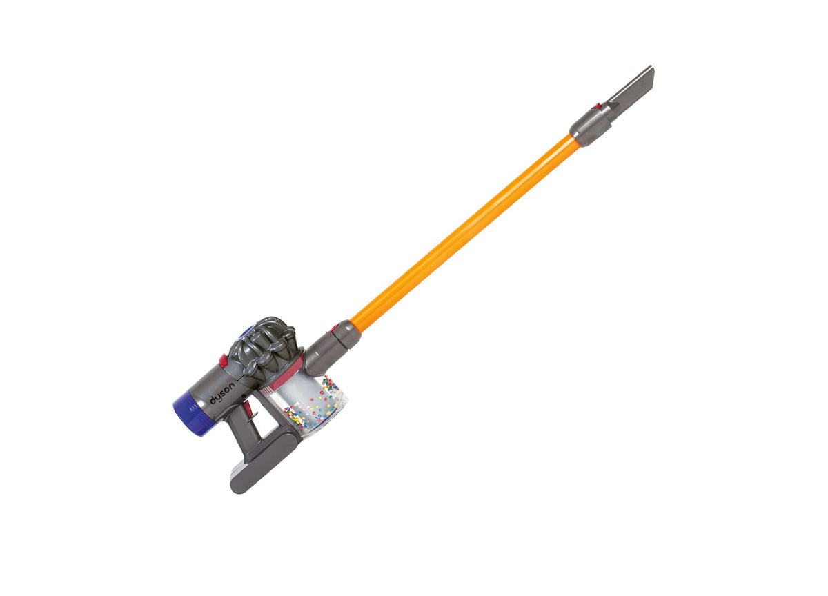 Dyson Cordless Vacuum Replica toy with yellow pole, gray motor unit, blue dust chamber, and colorful particle display