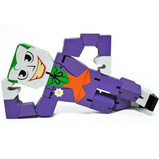 DC Comics Joker Wood Warriors 8-inch collectible action figure with purple articulated body, white hands, and smiling Joker face with green hair and orange star