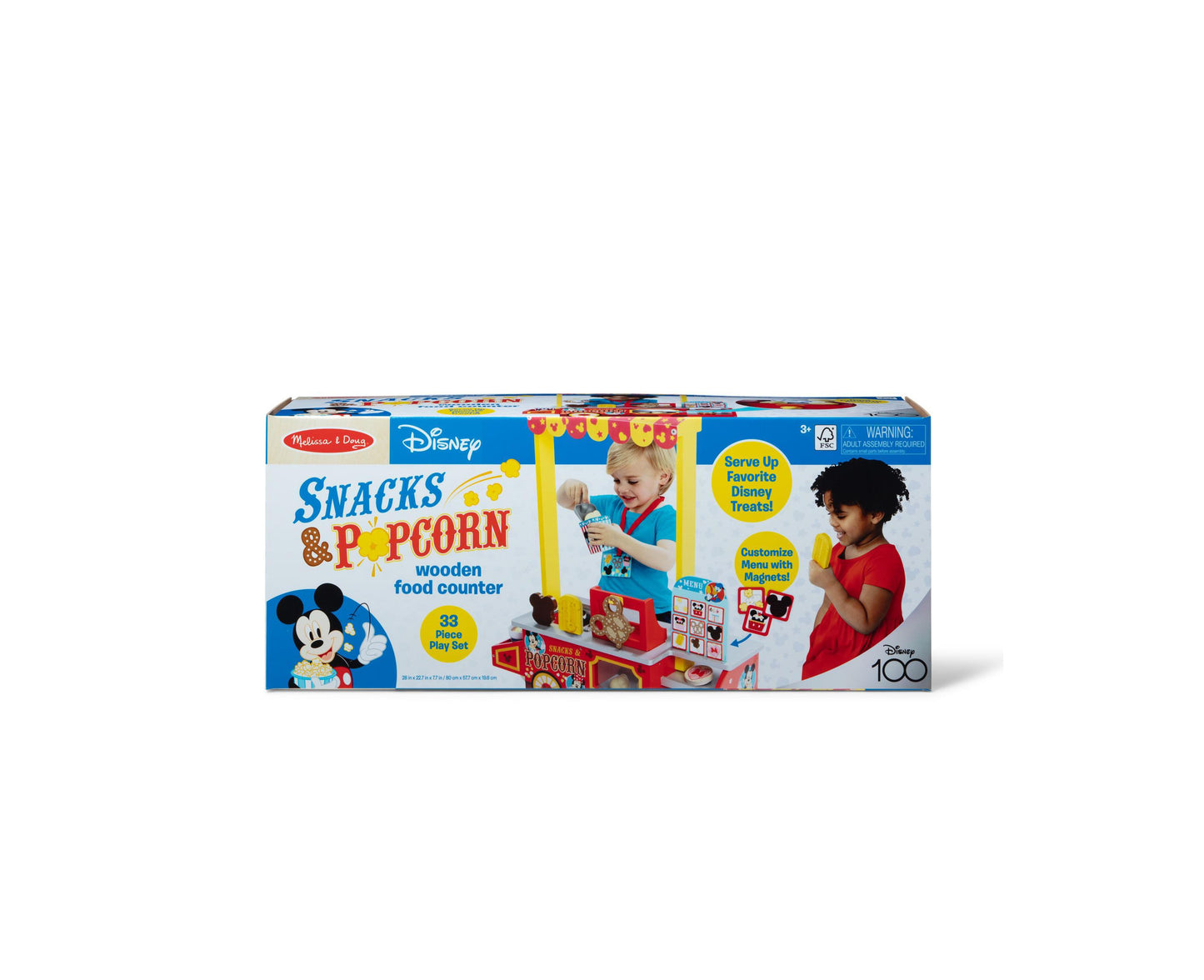 Melissa and Doug Disney Snacks Popcorn wooden food counter playset with 33 pieces