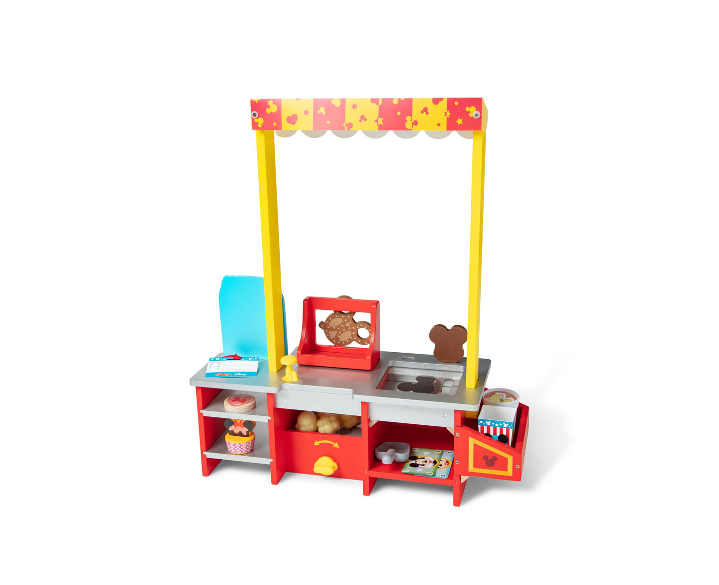 Melissa and Doug Disney Snacks Popcorn Wooden Food Counter with red base, yellow poles, and colorful awning