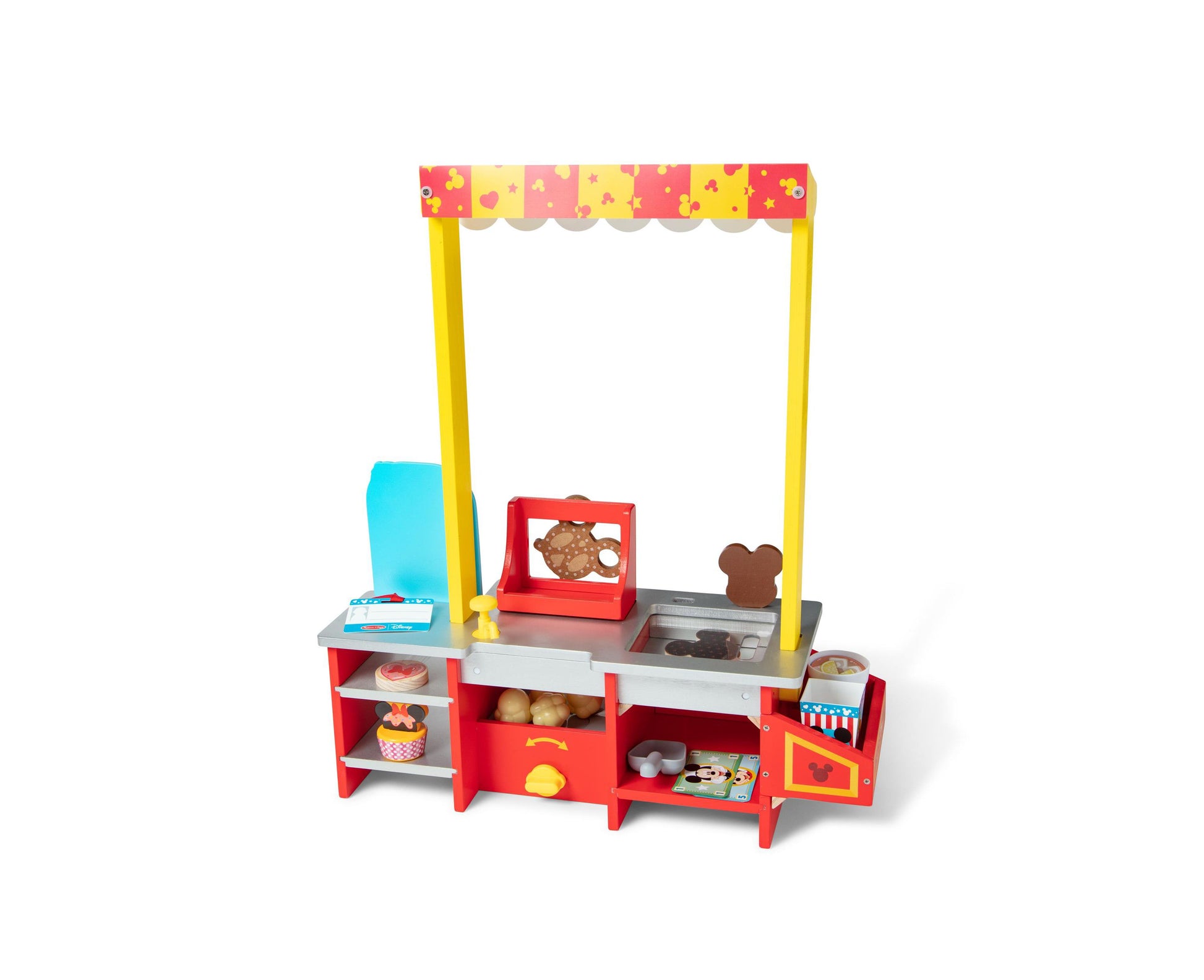 Melissa and Doug Disney Snacks Popcorn Wooden Food Counter with red base, yellow poles, and colorful awning