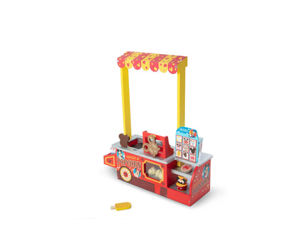 Melissa & Doug Disney Snacks Popcorn wooden food counter with red base, yellow awning, and accessories