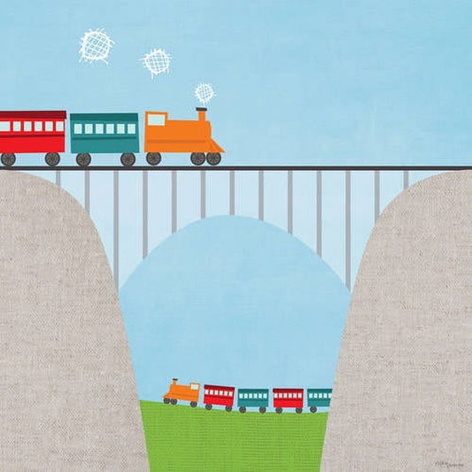Illustration of a colorful train crossing a bridge over a ravine, with mountains on either side and clouds in the sky