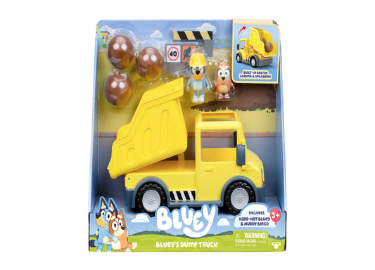 Bluey's Dump Truck set with yellow truck, hard-hat Bluey and muddy Bingo figures, and brown load pieces