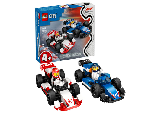 LEGO City F1 Williams & Haas Race Building Set with two F1 race cars in red/white and blue, two driver minifigures, a...