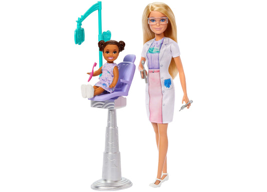 Barbie dentist playset with blonde dentist doll wearing glasses and white coat, child patient doll in purple dental chair with turquoise overhead lamp, and dent