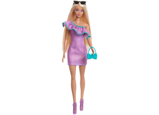 Fashion doll with long blonde hair wearing purple sequin one-shoulder dress with turquoise ruffle trim, black sunglasses, turquoise bow handbag, and purple plat