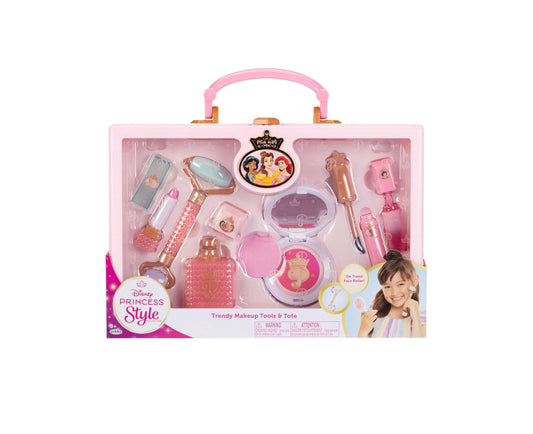 Disney Princess Style Collection Trendy Makeup Tools & Tote with 11 accessories including jade roller, lipstick, masc...