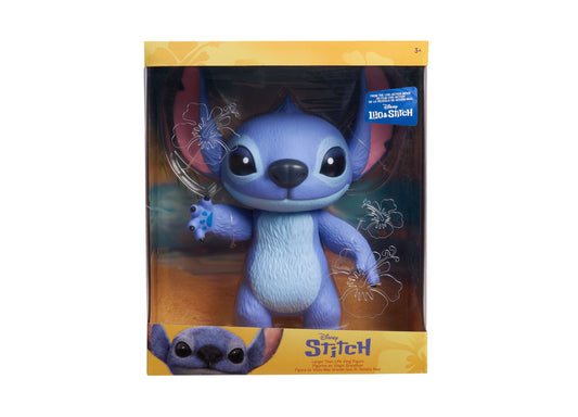 Disney Stitch 14-inch poseable vinyl figure from live-action Lilo & Stitch movie, blue character with large ears in packaging
