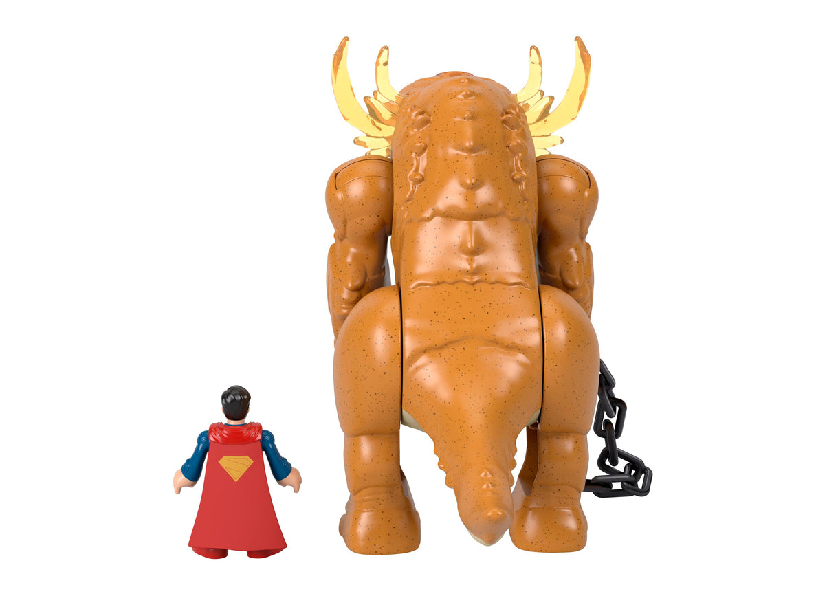 Imaginext Superman Kaiju Clash Toy set with 3" Superman figure and 10" tall monster with golden horns and chains