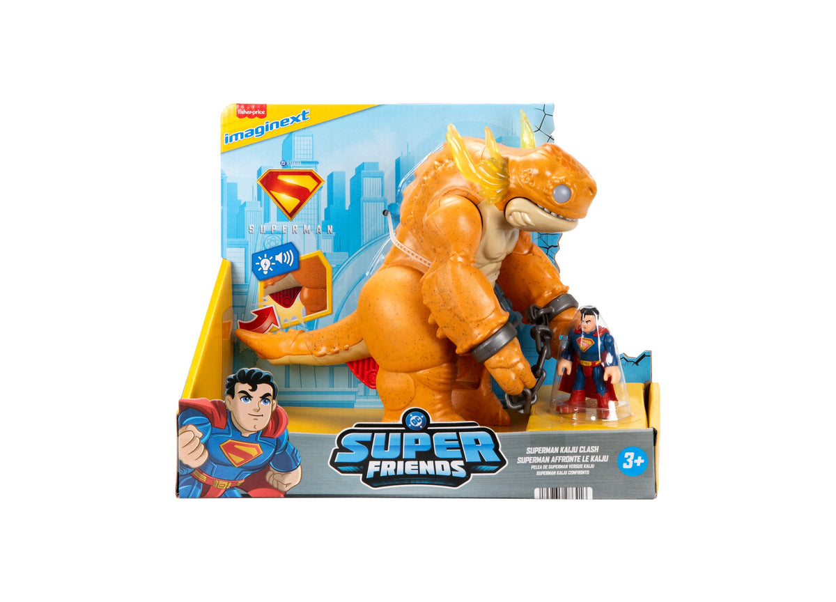 Imaginext Superman Kaiju Clash toy set with orange monster figure, Superman character, and cityscape packaging