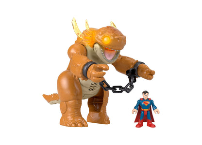 Imaginext Superman Kaiju Clash Toy set with 10" tall brown monster with glowing eyes and horns, chains, and 3" Superm...