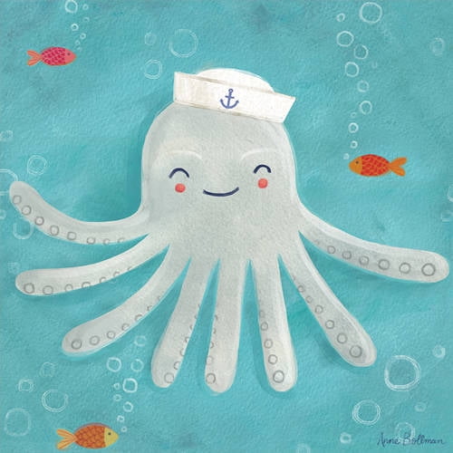 Illustrated white octopus wearing a sailor hat with anchor design, smiling among colorful fish and bubbles on turquoise background