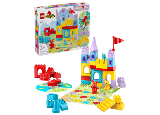 LEGO DUPLO Town Hopey's Castle Game set with colorful castle pieces, minifigures, game board, and instruction manual