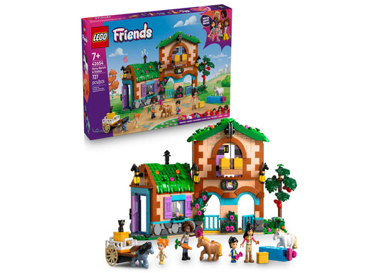 LEGO Friends Pony Ranch Stable 42654 building set with brown barn, green roof, colorful minifigures, ponies, and acce...