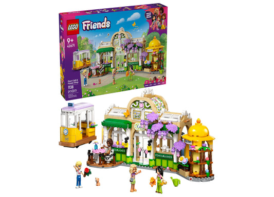 LEGO Friends Plant Café Flower Shop 42671 building set with flower shop, café, streetcar, four mini-dolls, cat, and c...