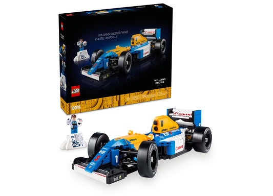 LEGO Icons Williams Racing FW14B set with blue and yellow race car, minifigure, and podium display
