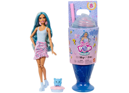 Barbie Pop Reveal Sweet Treat Series doll with blue hair, pink skirt, and small pet accessory