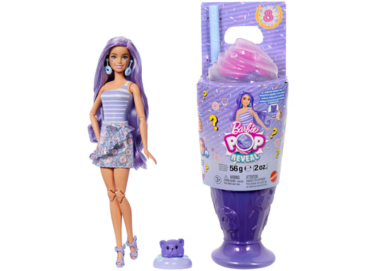 Barbie Pop Reveal doll with purple hair in striped top and patterned skirt, small purple pet figure, and pop-open capsule container