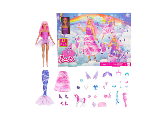 Barbie Fantasy-Themed Advent Calendar with pink-haired doll, mermaid tail, fairy wings, unicorn, and 24 magical acces...