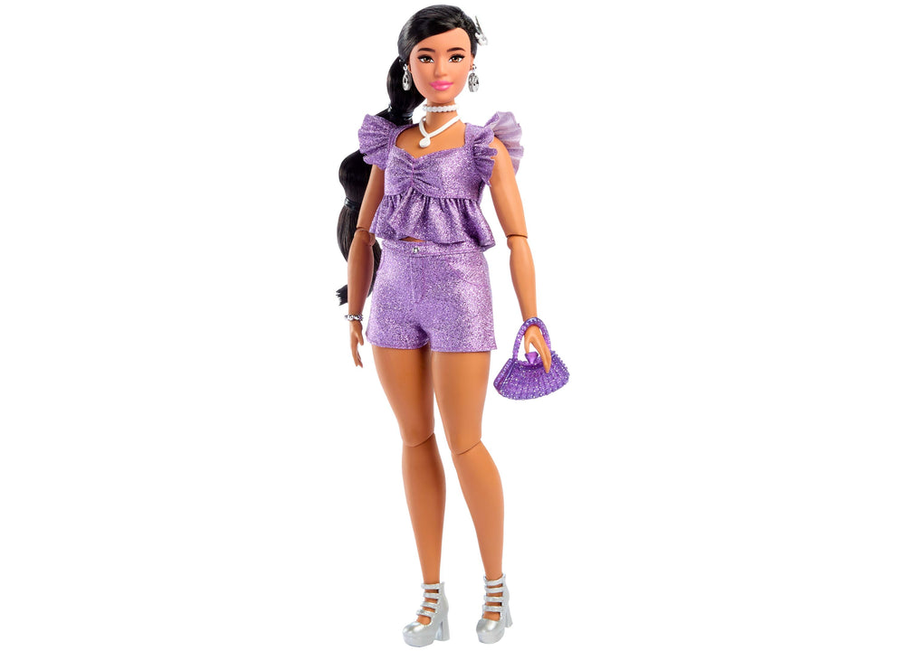 Barbie Deluxe Style Fashion Doll in metallic purple top, sparkly shorts, with accessories